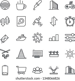 Thin Line Icon Set - alarm clock vector, border cone, office building, document search, coffee, seedling, sun, dropper, virus, sea shipping, truck trailer, satellite, gamepad, low battery, tuning