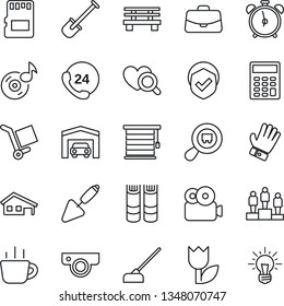 Thin Line Icon Set - alarm clock vector, book, case, pedestal, coffee, trowel, shovel, glove, hoe, bench, heart diagnostic, 24 hours, cargo, tulip, shield, search, sd, music, video, calculator, idea