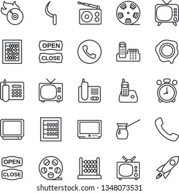 Thin Line Icon Set - alarm clock vector, phone, tv, abacus, stamp, sickle, reel, flame disk, radio, call, office, open close, turkish coffee, rocket