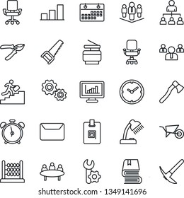 Thin Line Icon Set - alarm clock vector, hierarchy, team, meeting, wheelbarrow, pruner, saw, axe, root setup, calendar, monitor statistics, bar graph, identity card, abacus, office chair, desk lamp