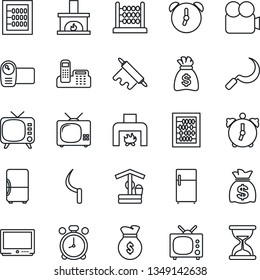 Thin Line Icon Set - alarm clock vector, abacus, money bag, well, sickle, tv, video camera, office phone, fireplace, rolling pin, fridge, sand