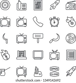 Thin Line Icon Set - alarm clock vector, tv, abacus, stamp, sickle, plant label, vinyl, flame disk, radio, phone, call, open close, turkish coffee, rocket