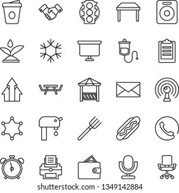 Thin Line Icon Set - alarm clock vector, handshake, mail, presentation board, coffee, farm fork, picnic table, dropper, traffic light, antenna, microphone, speaker, clipboard, printer, water supply
