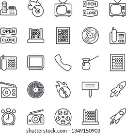 Thin Line Icon Set - alarm clock vector, tv, abacus, plant label, reel, vinyl, flame disk, radio, phone, call, office, open close, turkish coffee, rocket