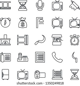 Thin Line Icon Set - alarm clock vector, tv, money bag, well, sickle, film frame, video camera, microphone, call, abacus, office phone, fireplace, rolling pin, outdoor lamp, fridge, sand