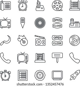 Thin Line Icon Set - alarm clock vector, tv, abacus, stamp, sickle, plant label, reel, vinyl, flame disk, radio, phone, call, office, open close, rocket