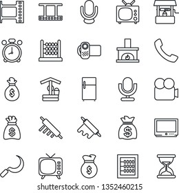 Thin Line Icon Set - alarm clock vector, money bag, well, sickle, film frame, tv, video camera, microphone, call, abacus, fireplace, rolling pin, fridge, sand