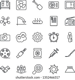 Thin Line Icon Set - alarm clock vector, camera, handshake, gear, crisis graph, job, sun, fertilizer, syringe, blood test vial, scalpel, search cargo, reel, radio, share, jack connector, manager