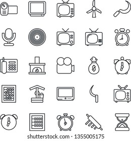 Thin Line Icon Set - alarm clock vector, tv, abacus, well, sickle, vinyl, video camera, microphone, office phone, fireplace, rolling pin, windmill, money bag, sand