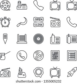 Thin Line Icon Set - alarm clock vector, phone, tv, abacus, stamp, sickle, plant label, reel, vinyl, radio, call, office, open close, turkish coffee, rocket