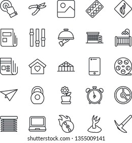 Thin Line Icon Set - alarm clock vector, circle chart, sproute, pruner, greenhouse, pills blister, heavy, reel, flame disk, news, settings, cell phone, touch screen, laptop pc, gallery, sweet home