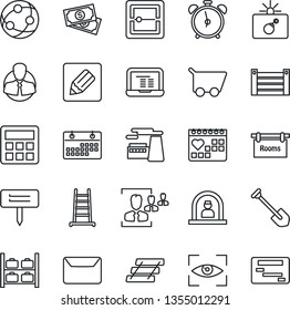 Thin Line Icon Set - alarm clock vector, bomb in case, reception, luggage storage, notebook pc, job, factory, ladder, plant label, medical calendar, cash, client, container, network, calculator, hr