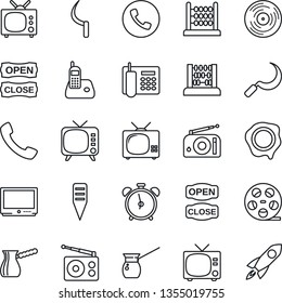 Thin Line Icon Set - alarm clock vector, phone, tv, abacus, stamp, sickle, plant label, reel, vinyl, radio, call, office, open close, turkish coffee, rocket