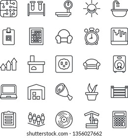 Thin Line Icon Set - alarm clock vector, waiting area, team, abacus, seedling, well, fireplace, blood test vial, container, clipboard, heavy scales, vinyl, laptop pc, speaker, scanner, identity card