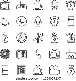 Thin Line Icon Set - alarm clock vector, phone, tv, money bag, well, sickle, vinyl, video camera, microphone, abacus, office, fireplace, rolling pin, fridge, windmill
