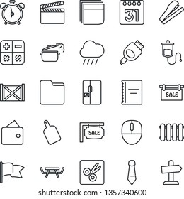 Thin Line Icon Set - alarm clock vector, calculator, mouse, tie, rain, picnic table, dropper, container, clapboard, hdmi, folder, calendar, cut, copybook, blank box, stapler, sale, fridge, radiator
