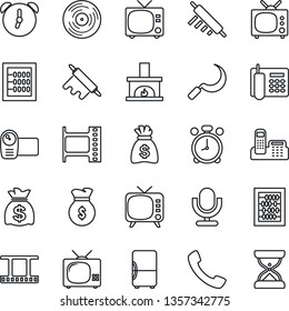 Thin Line Icon Set - alarm clock vector, tv, abacus, money bag, sickle, film frame, vinyl, video camera, microphone, call, office phone, fireplace, rolling pin, fridge, sand