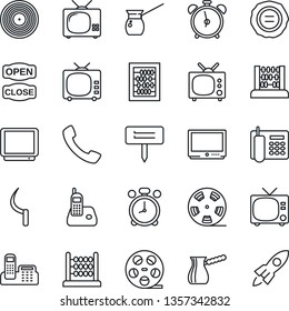Thin Line Icon Set - alarm clock vector, tv, abacus, stamp, sickle, plant label, reel, vinyl, radio phone, call, office, open close, turkish coffee, rocket