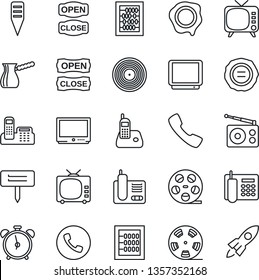 Thin Line Icon Set - alarm clock vector, phone, abacus, stamp, plant label, reel, vinyl, radio, tv, call, office, open close, turkish coffee, rocket