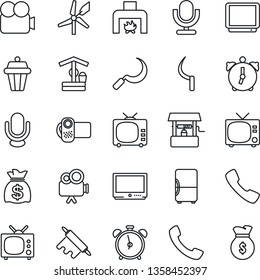 Thin Line Icon Set - alarm clock vector, tv, money bag, well, sickle, video camera, microphone, call, fireplace, rolling pin, outdoor lamp, fridge, windmill