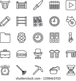 Thin Line Icon Set - alarm clock vector, pennant, office binder, desk, calendar, pencil, rake, traffic light, container, rack, flame disk, play button, folder, case, chair, tie, hamburger, knife