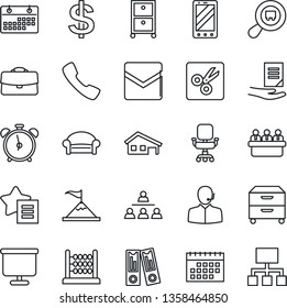 Thin Line Icon Set - alarm clock vector, waiting area, mobile phone, dollar sign, office binder, document, meeting, search cargo, favorites list, call, mail, cut, calendar, case, presentation board