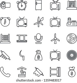 Thin Line Icon Set - alarm clock vector, abacus, money bag, well, sickle, film frame, vinyl, tv, video camera, microphone, call, office phone, rolling pin, fridge, windmill