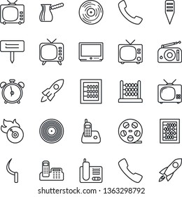 Thin Line Icon Set - alarm clock vector, tv, abacus, sickle, plant label, reel, vinyl, flame disk, radio, phone, call, office, turkish coffee, rocket