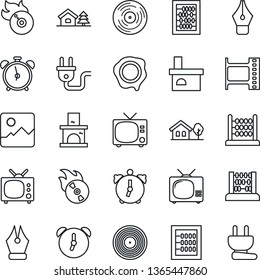 Thin Line Icon Set - alarm clock vector, tv, abacus, stamp, fireplace, film frame, vinyl, flame disk, gallery, ink pen, house with tree, power plug