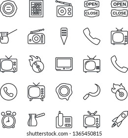 Thin Line Icon Set - alarm clock vector, phone, tv, abacus, stamp, sickle, plant label, flame disk, radio, call, open close, turkish coffee, rocket