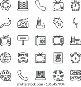 Thin Line Icon Set - alarm clock vector, tv, abacus, stamp, sickle, plant label, reel, vinyl, flame disk, radio, phone, call, office, open close