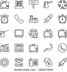Thin Line Icon Set - alarm clock vector, phone, abacus, stamp, sickle, plant label, reel, flame disk, radio, tv, call, office, open close, turkish coffee, rocket