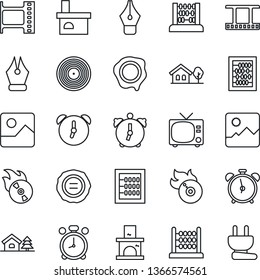Thin Line Icon Set - alarm clock vector, tv, abacus, stamp, fireplace, film frame, vinyl, flame disk, gallery, ink pen, house with tree, power plug