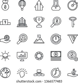 Thin Line Icon Set - alarm led vector, target, consumer search, arrow up graph, shining head, motivation, money bag, clock, pennon, earth, investment, flask, cash, hierarchy, crisis management, tie