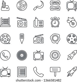 Thin Line Icon Set - alarm clock vector, phone, stamp, sickle, plant label, reel, vinyl, flame disk, radio, tv, call, abacus, open close, rocket