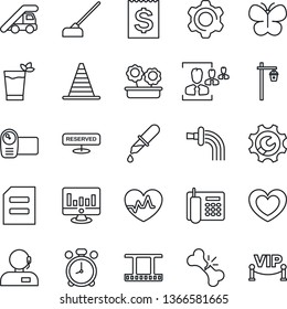Thin Line Icon Set - alarm clock vector, ladder car, border cone, document, statistic monitor, watering, butterfly, hoe, garden light, heart, pulse, dropper, broken bone, receipt, film frame, hr