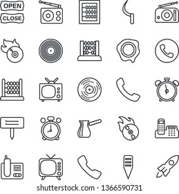 Thin Line Icon Set - alarm clock vector, phone, abacus, stamp, sickle, plant label, vinyl, flame disk, radio, tv, call, office, open close, turkish coffee, rocket