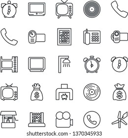 Thin Line Icon Set - alarm clock vector, phone, abacus, money bag, well, film frame, vinyl, tv, video camera, call, office, fireplace, outdoor lamp, windmill