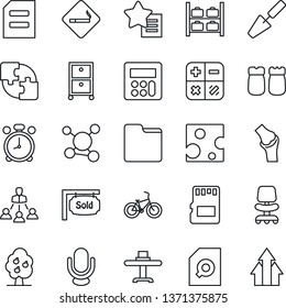 Thin Line Icon Set - alarm clock vector, smoking place, luggage storage, office chair, calculator, document, trowel, bike, joint, molecule, microphone, favorites list, sd, folder, application