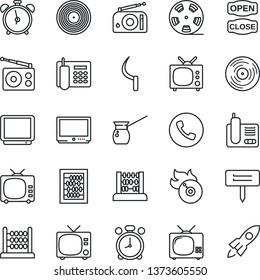 Thin Line Icon Set - alarm clock vector, phone, tv, abacus, sickle, plant label, reel, vinyl, flame disk, radio, office, open close, turkish coffee, rocket