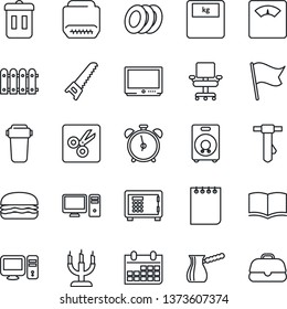 Thin Line Icon Set - alarm clock vector, safe, book, notepad, tie, calendar, saw, scales, tv, speaker, hdmi, cut, office chair, fence, plates, candle, hamburger, turkish coffee, pc, water filter