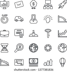 Thin Line Icon Set - alarm led vector, arrow up graph, shining head, rocket, earth, growth, crisis, money search, flask, cash, case, car, schedule, hierarchy, management, certificate, mail, pedestal