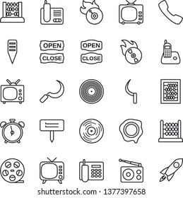 Thin Line Icon Set - alarm clock vector, abacus, stamp, sickle, plant label, reel, vinyl, flame disk, radio, tv, phone, call, office, open close, rocket