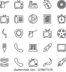 Thin Line Icon Set - alarm clock vector, tv, abacus, stamp, sickle, plant label, reel, vinyl, flame disk, call, office phone, open close, turkish coffee, rocket