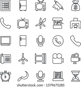 Thin Line Icon Set - alarm clock vector, phone, tv, abacus, money bag, well, sickle, film frame, video camera, microphone, call, office, fireplace, rolling pin, fridge, windmill, sand