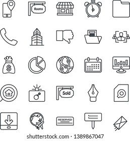 Thin Line Icon Set - alarm clock vector, bomb in case, plane globe, money bag, statistic monitor, plant label, store, mobile tracking, network, finger down, call, folder, download, office building