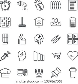 Thin Line Icon Set - alarm clock vector, baby room, checkroom, document, brainstorm, fence, rake, tree, wheelbarrow, watering, bird house, heart pulse, syringe, sorting, flame disk, paper pin, pool