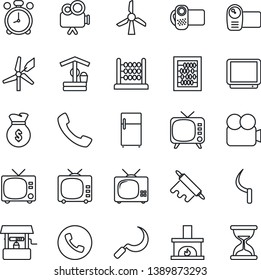 Thin Line Icon Set - Alarm Clock Vector, Phone, Tv, Abacus, Well, Sickle, Video Camera, Call, Fireplace, Rolling Pin, Fridge, Windmill, Money Bag, Sand