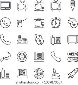 Thin Line Icon Set - alarm clock vector, phone, abacus, stamp, sickle, plant label, vinyl, flame disk, tv, radio, call, office, open close, turkish coffee, rocket