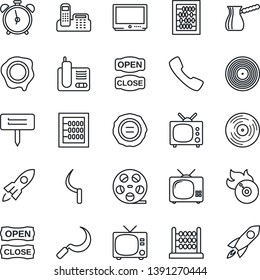 Thin Line Icon Set - alarm clock vector, tv, abacus, stamp, sickle, plant label, reel, vinyl, flame disk, radio phone, call, office, open close, turkish coffee, rocket